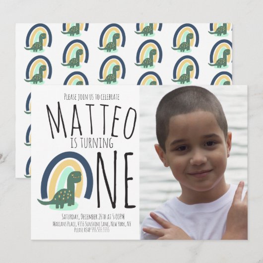 Hand Drawn Dinosaur Rainbow Birthday Foto Kaart (Voorkant / Achterkant)