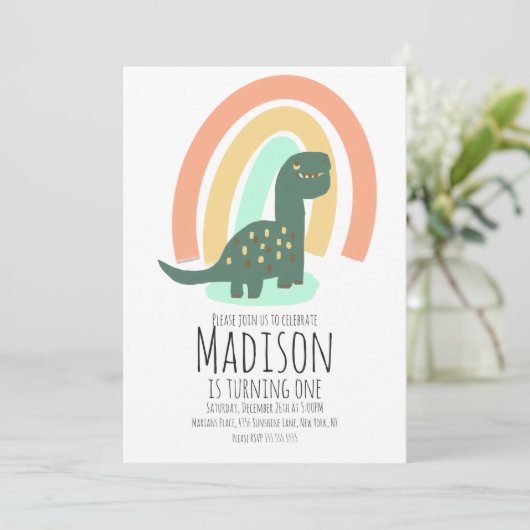 Hand Drawn Dinosaur Rainbow Birthday Party Boho Kaart (Staand voorkant)