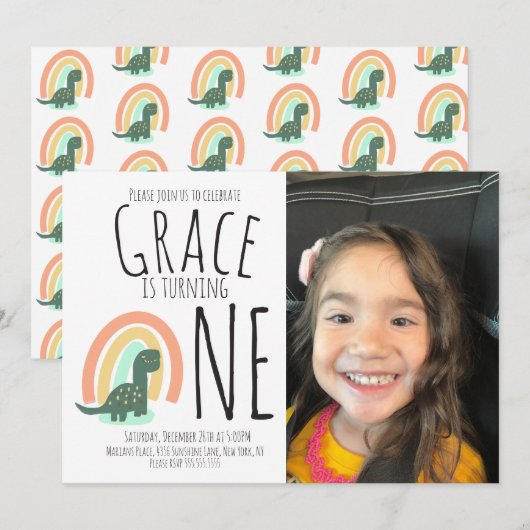 Hand Drawn Dinosaur Rainbow Birthday Party Foto I Kaart (Voorkant / Achterkant)