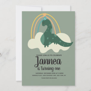 Hand Drawn Dinosaur Rainbow Birthday Party Green I Kaart