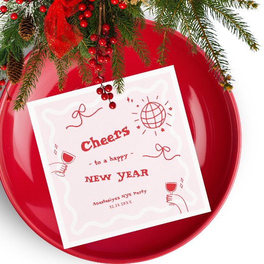 Hand Drawn Disco Pink and Red New Year's Eve Party Servet
