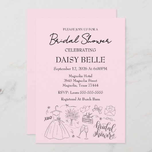 Hand Drawn Doodle Bridal Shower Pink Kaart (Voorkant / Achterkant)