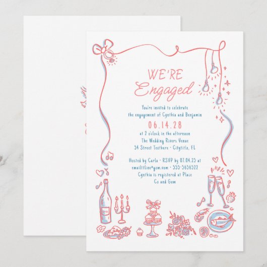 Hand Drawn Doodle Funky Whimsical Engagement Party Kaart (Voorkant / Achterkant)