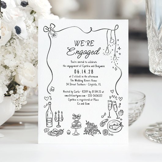 Hand Drawn Doodle Funky Whimsical Engagement Party Kaart