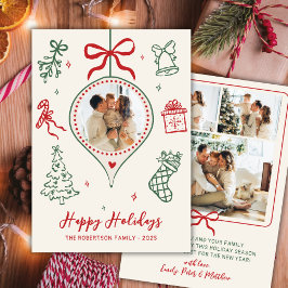 Hand-Drawn Doodle Green Red Photo Christmas Happy Feestdagenkaart