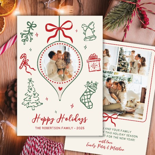 Hand-Drawn Doodle Green Red Photo Christmas Happy Feestdagenkaart