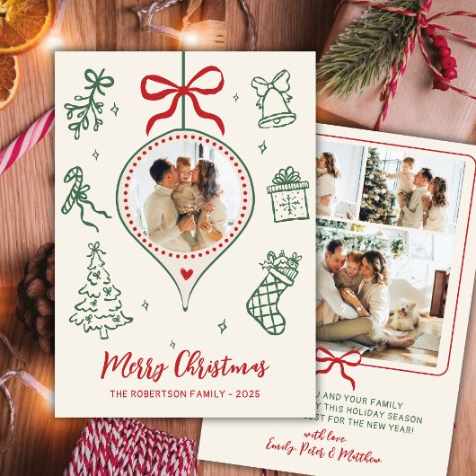 Hand-Drawn Doodle Green Red Photo Merry Christmas Feestdagenkaart