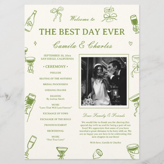 Hand Drawn Doodle Green Wedding Program Programmakaart (Voorkant)