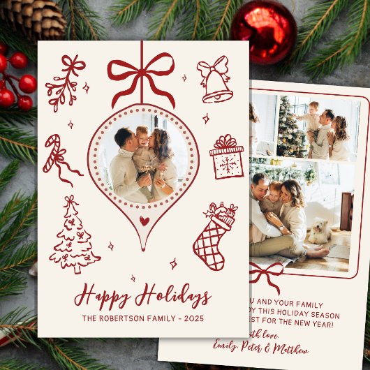 Hand-Drawn Doodle Ivory Red Photo Christmas Happy Feestdagenkaart