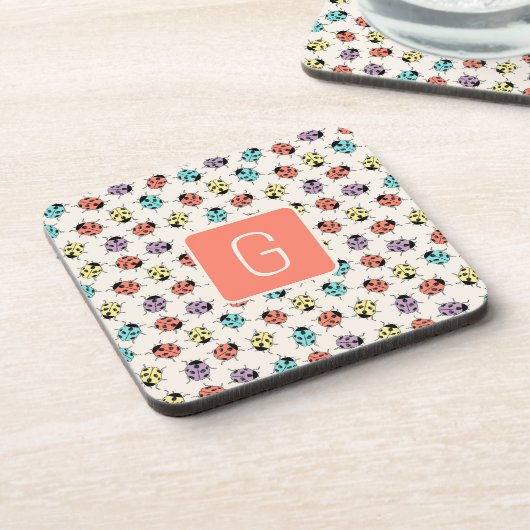 Hand Drawn Doodle Ladybugs Monogram Coaster Bier Onderzetter (Linkerzijde)