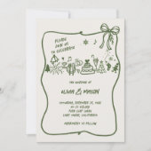 Hand-Drawn Doodle Lijst Bow Sage Winter QR Huwelij Kaart (Voorkant)
