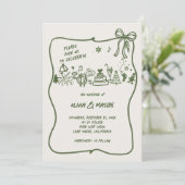 Hand-Drawn Doodle Lijst Bow Sage Winter QR Huwelij Kaart (Staand voorkant)