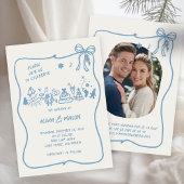 Hand-Drawn Doodle Lijst Bow Winter Blue QR Wedding Kaart