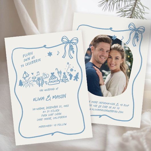 Hand-Drawn Doodle Lijst Bow Winter Blue QR Wedding Kaart