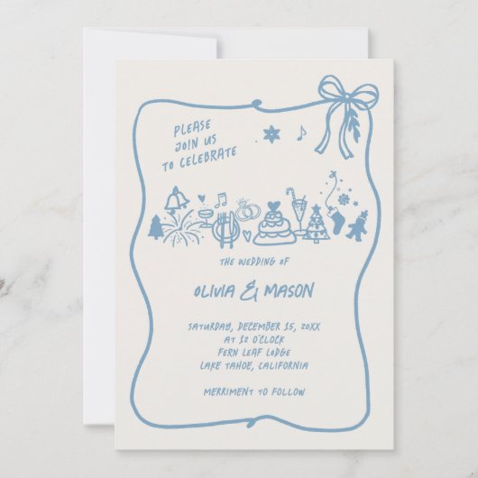 Hand-Drawn Doodle Lijst Bow Winter Blue QR Wedding Kaart (Voorkant)