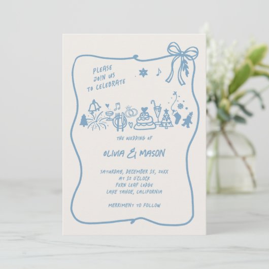 Hand-Drawn Doodle Lijst Bow Winter Blue QR Wedding Kaart (Staand voorkant)