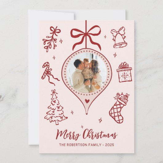 Hand-Drawn Doodle Pink Red Photo Merry Christmas Feestdagenkaart (Voorkant)
