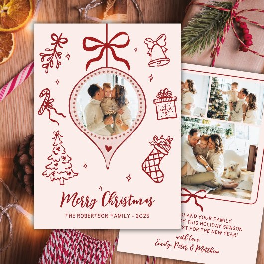 Hand-Drawn Doodle Pink Red Photo Merry Christmas Feestdagenkaart