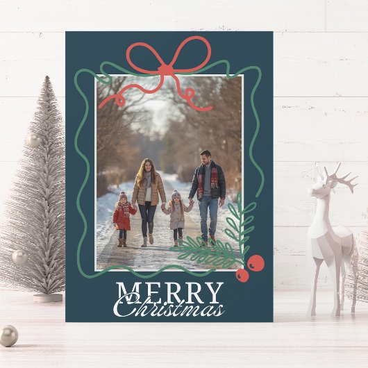 Hand-drawn doodle teal blue Merry Christmas Feestdagenkaart