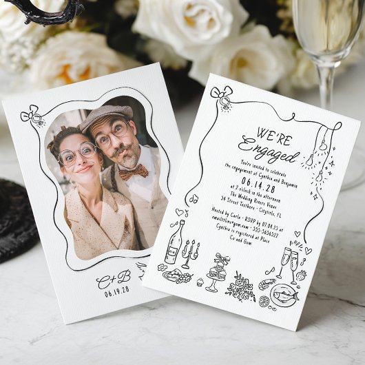 Hand Drawn Doodle Whimsical Engagement Party Photo Kaart