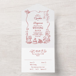 Hand Drawn Doodles Funky Quirky Modern Wedding All In One Uitnodiging
