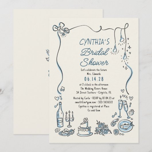 Hand Drawn Doodles Funky Whimsical Bridal Shower Kaart (Voorkant / Achterkant)