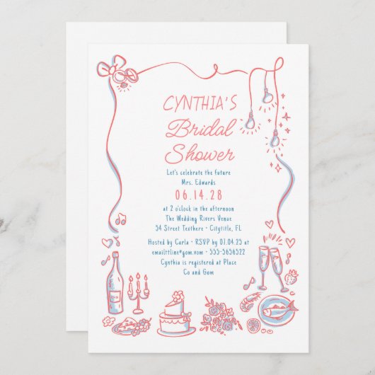 Hand Drawn Doodles Funky Whimsical Bridal Shower Kaart (Voorkant / Achterkant)