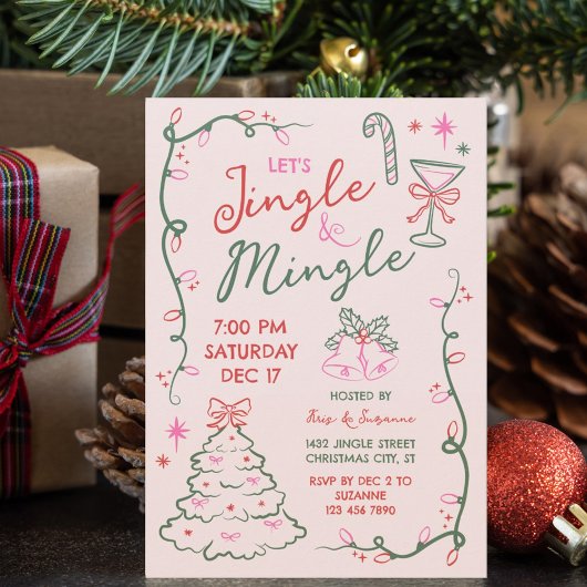 Hand-Drawn Doodles Mingle & Jingle Christmas Party Kaart