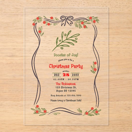 Hand-Drawn Doodles of Joy Clear Christmas Party Acryl Uitnodigingen (Voorkant)
