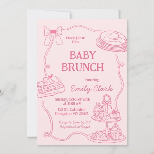 Hand Drawn Doodles Pink Baby Brunch Invitation Kaart (Voorkant)