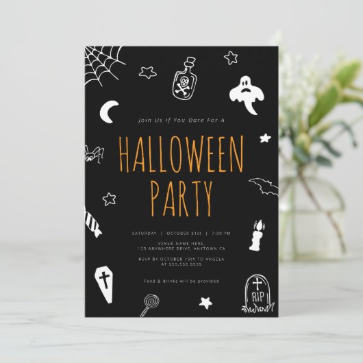 Hand Drawn Doodles Schattige Halloween Party Kaart (Staand voorkant)