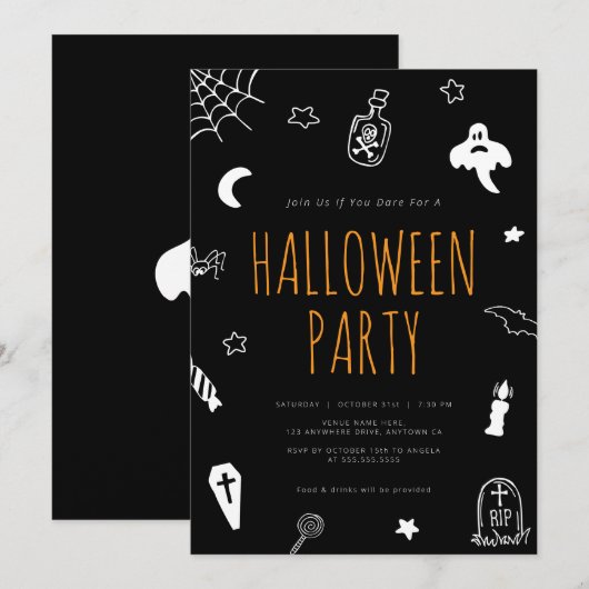 Hand Drawn Doodles Schattige Halloween Party Kaart (Voorkant / Achterkant)