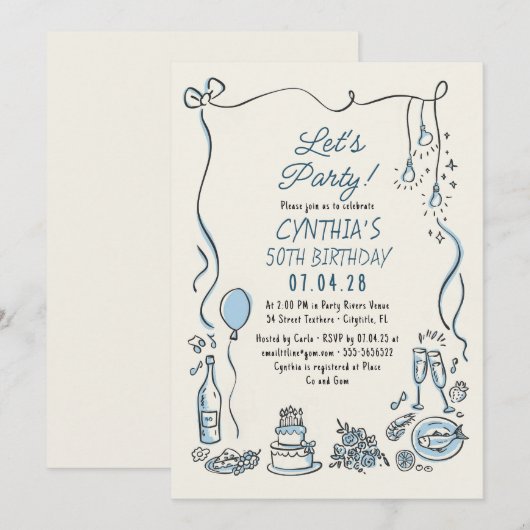 Hand Drawn Doodles Whimsical Quirky Adult Birthday Kaart (Voorkant / Achterkant)