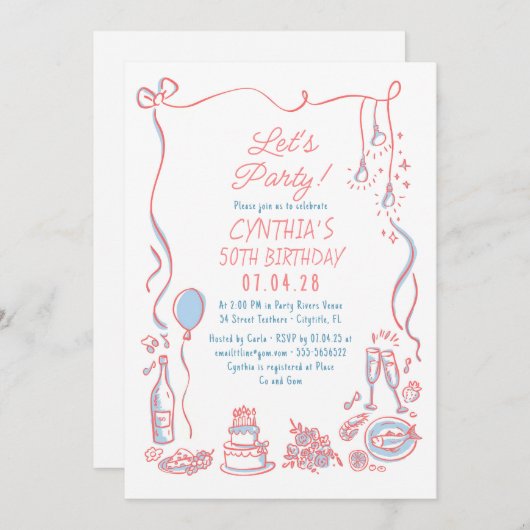 Hand Drawn Doodles Whimsical Quirky Adult Birthday Kaart (Voorkant / Achterkant)