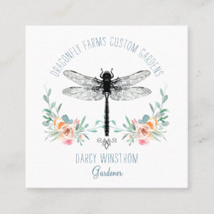 Hand Drawn Dragonfly Floral Gardener Square Busine Vierkante Visitekaartje