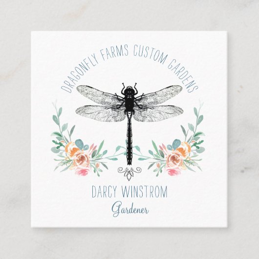Hand Drawn Dragonfly Floral Gardener Square Busine Vierkante Visitekaartje (Voorkant)
