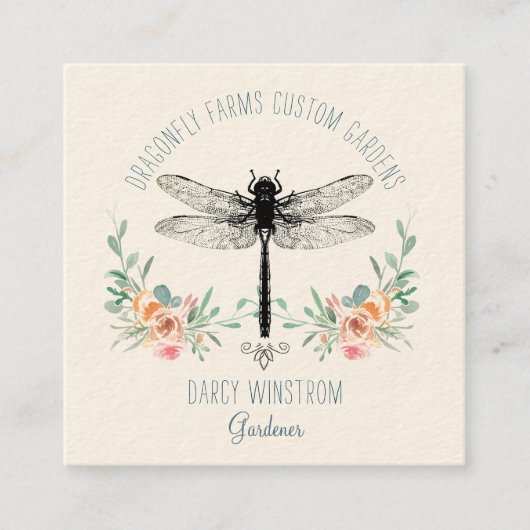 Hand Drawn Dragonfly Floral Gardener Vierkante Visitekaartje (Voorkant)