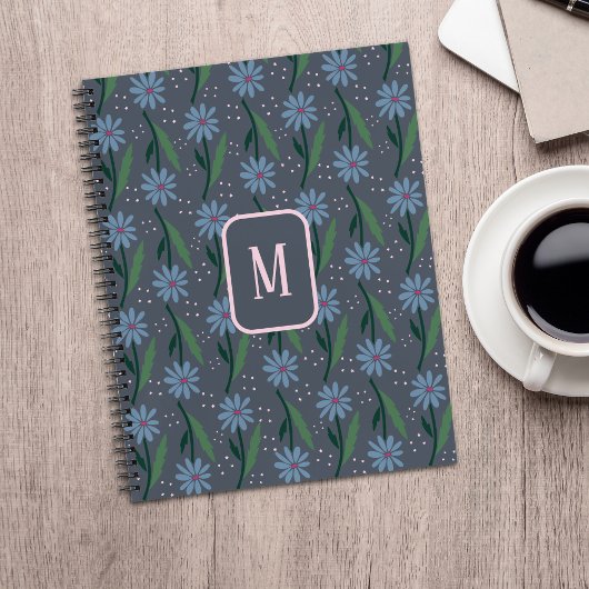 Hand-Drawn Dusty Blue Retro Daisy Monogram Notitieboek