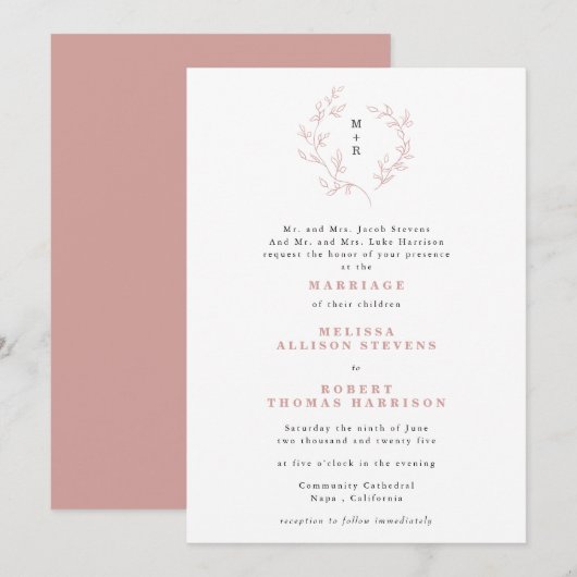 Hand Drawn Dusty Roos Sketch Wreator Formal Weddin Kaart (Voorkant / Achterkant)