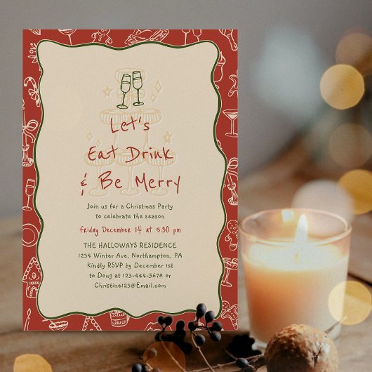 Hand-Drawn Eat Drink and Be Merry Holiday Party Kaart