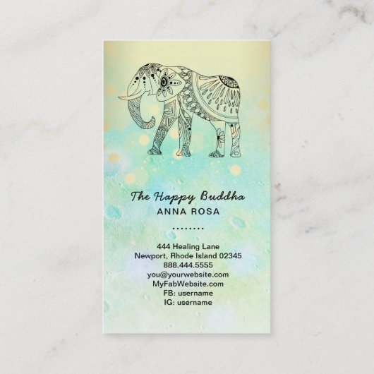 *~* Hand Drawn Elephant Gold Glitter Buddha Visitekaartje (Achterkant)