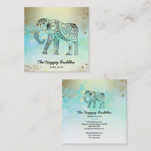 *~* Hand Drawn Elephant Pattern Buddha Gold Vierkante Visitekaartje (Voorkant / Achterkant)