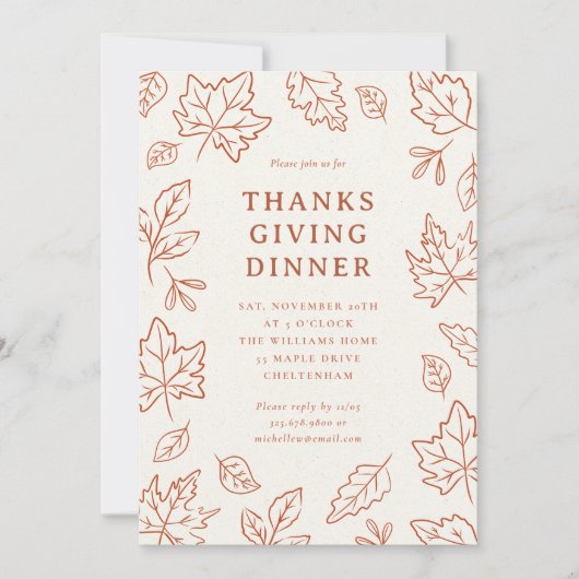 Hand-Drawn Fall Leaves Thanksgiving Dinner Kaart (Voorkant)