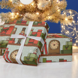Hand Drawn Festive Bookshelf Wrapping Paper Roll Cadeaupapier