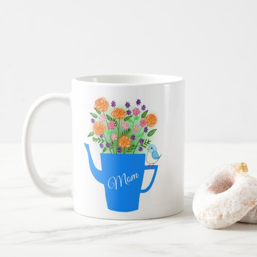 Hand-drawn Floral Bird Art Mothers Day gift Koffiemok (Met donut)