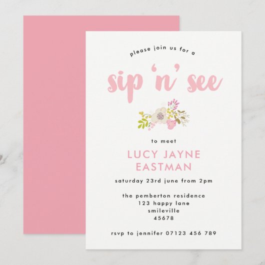 Hand Drawn Floral Bouquet Sip and See Invitation Kaart (Voorkant / Achterkant)