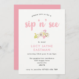 Hand Drawn Floral Bouquet Sip and See Invitation Kaart