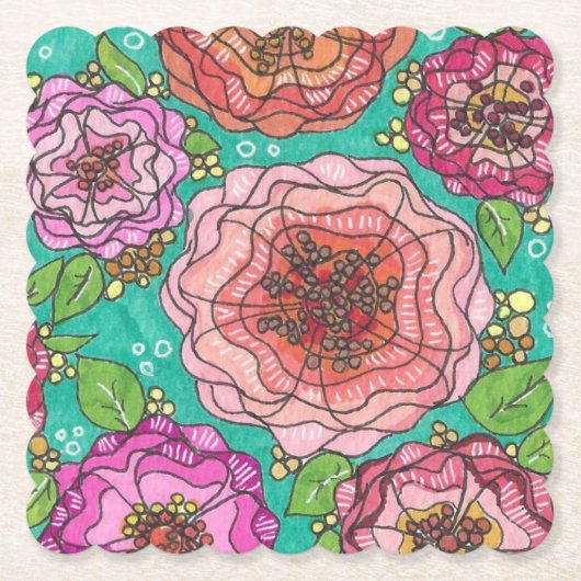 "Hand-drawn Floral Delight Coaster Set" Kartonnen Onderzetters (Voorkant)