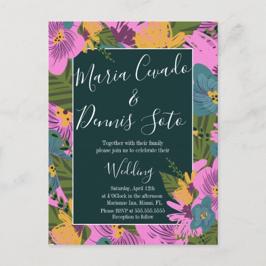 Hand Drawn Florals Wedding Bold Pink Greenery Briefkaart (Voorkant)