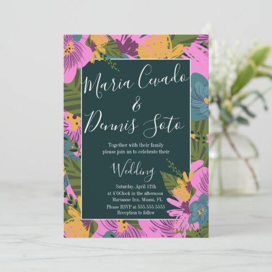 Hand Drawn Florals Wedding Bold Pink Greenery Kaart (Staand voorkant)